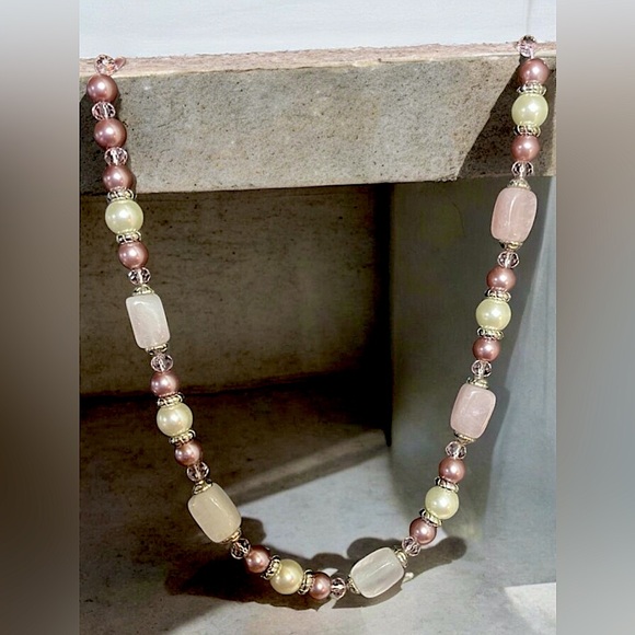 Classy and Classic Rose Quartz, Faux pearl, and Chrystal Necklace - Picture 1 of 5